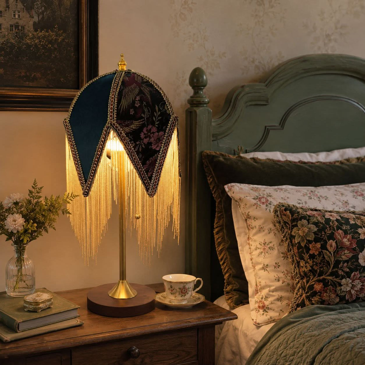 mid-century tassel table lamp styled on a small side table