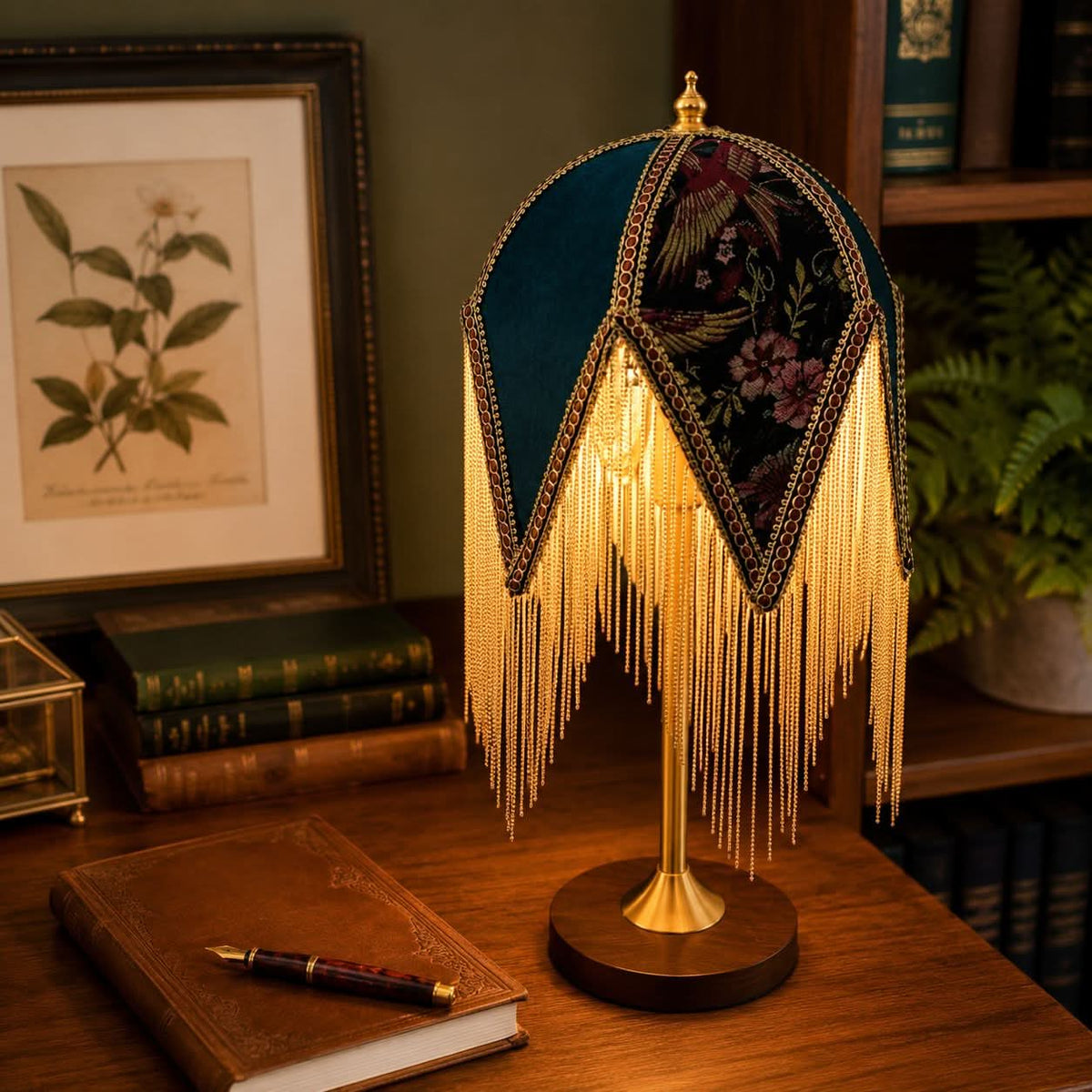 mid-century tassel table lamp with a warm diffused glow