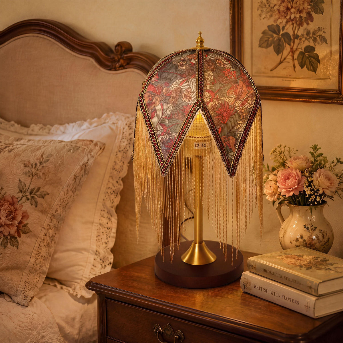 mid-century tassel table lamp adding warm light to a bedroom