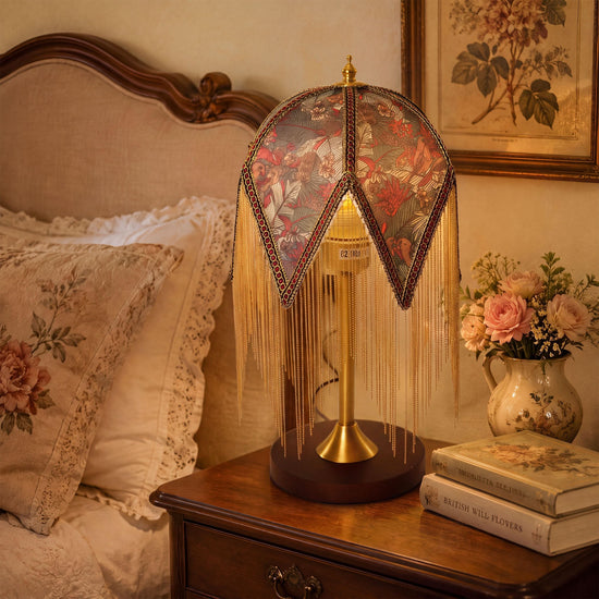 mid-century tassel table lamp adding warm light to a bedroom