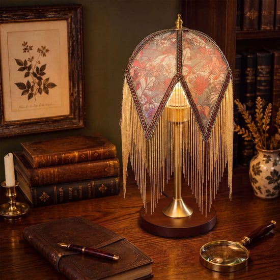 mid-century tassel table lamp with close-up shade and base details