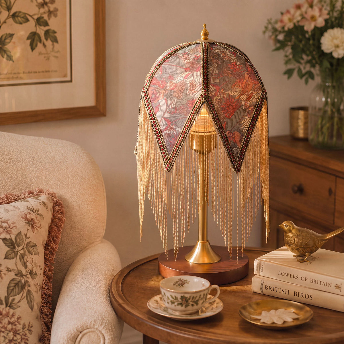 mid-century tassel table lamp on a desk with soft ambient light