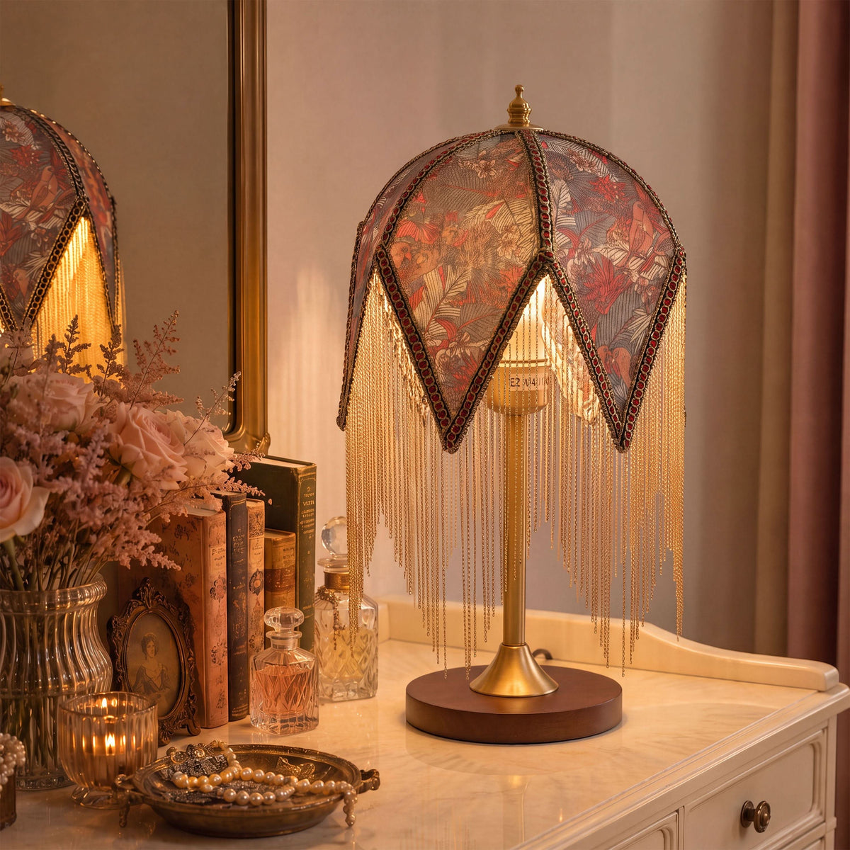mid-century tassel table lamp shown as a clean product view