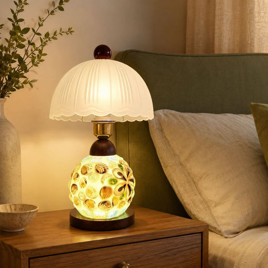 seashell mosaic table lamp with close-up shade and base details