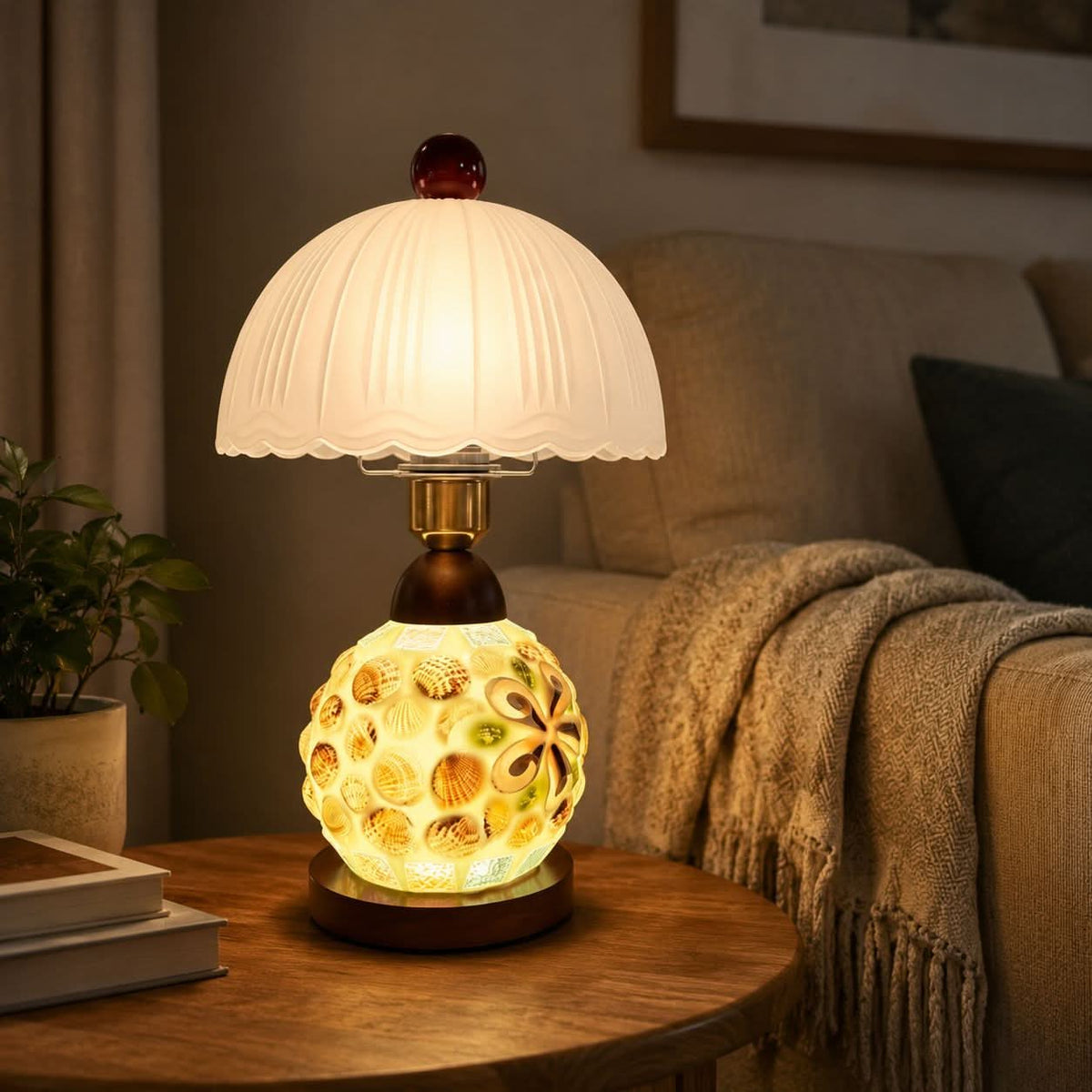 seashell mosaic table lamp styled on a small side table