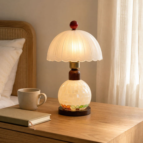 mother-of-pearl mosaic table lamp shown as a clean product view