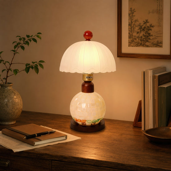 mother-of-pearl mosaic table lamp shown as a clean product view