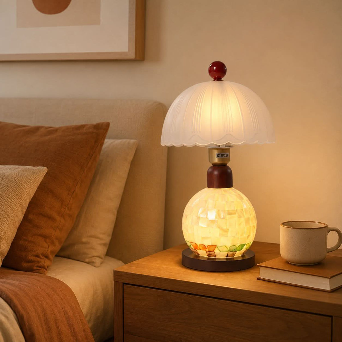 mother-of-pearl mosaic table lamp styled on a small side table
