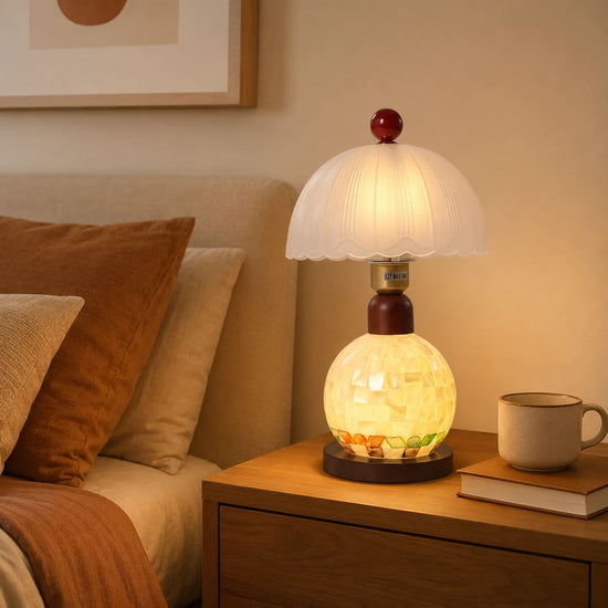 mother-of-pearl mosaic table lamp styled on a small side table