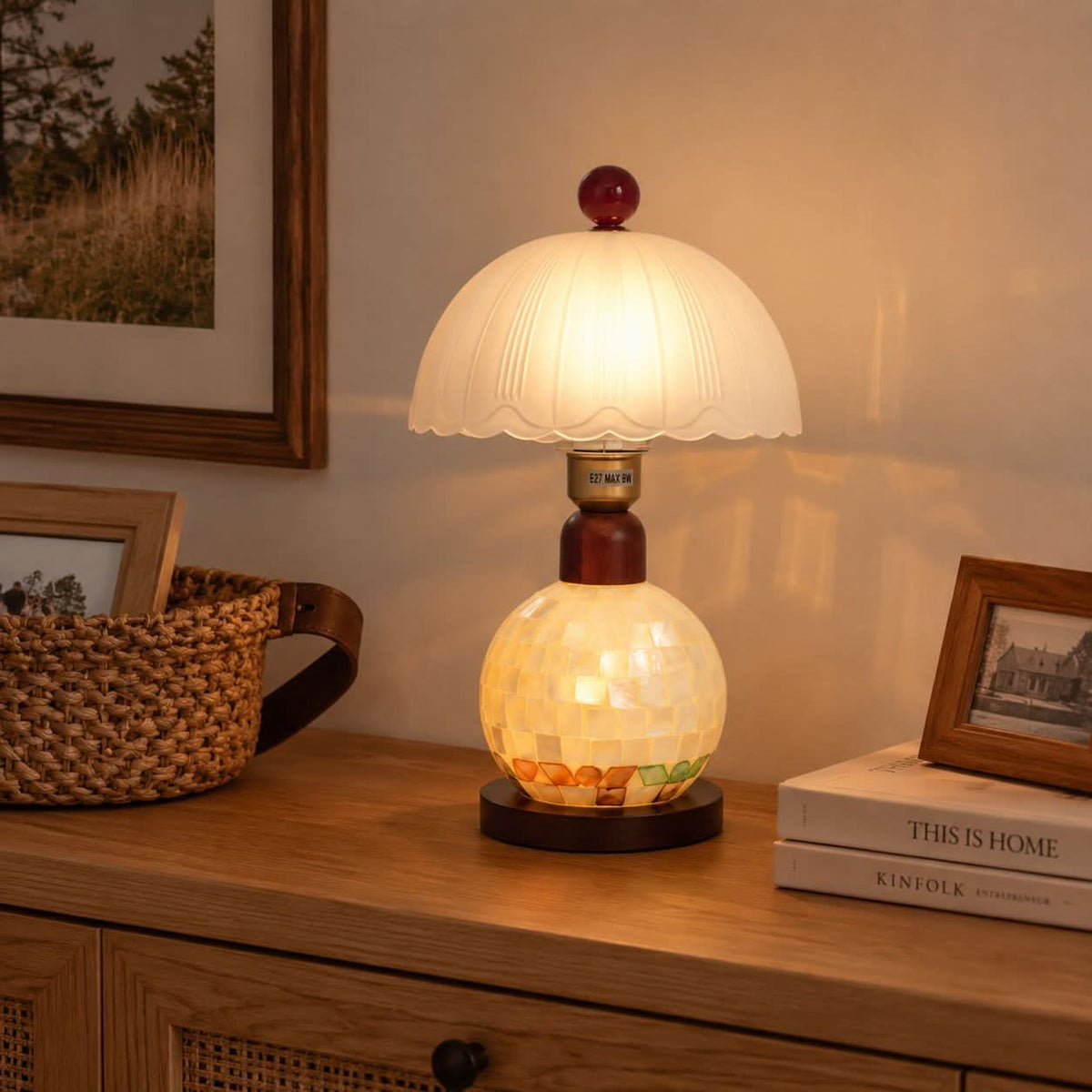 mother-of-pearl mosaic table lamp with close-up shade and base details