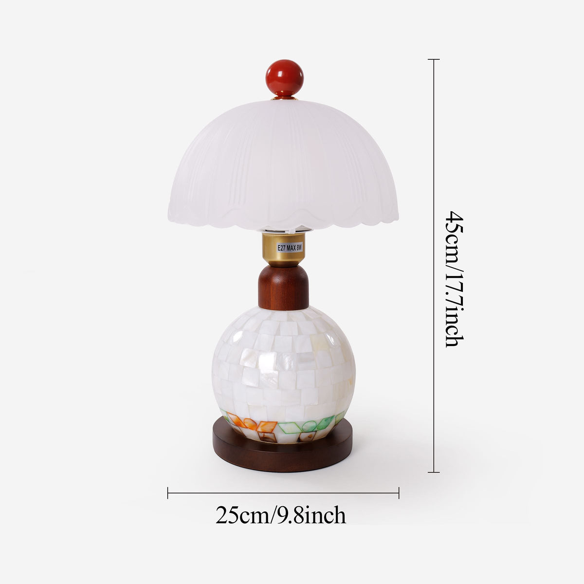 mother-of-pearl mosaic table lamp with close-up shade and base details