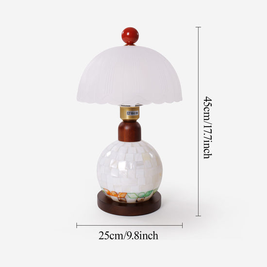 mother-of-pearl mosaic table lamp with close-up shade and base details