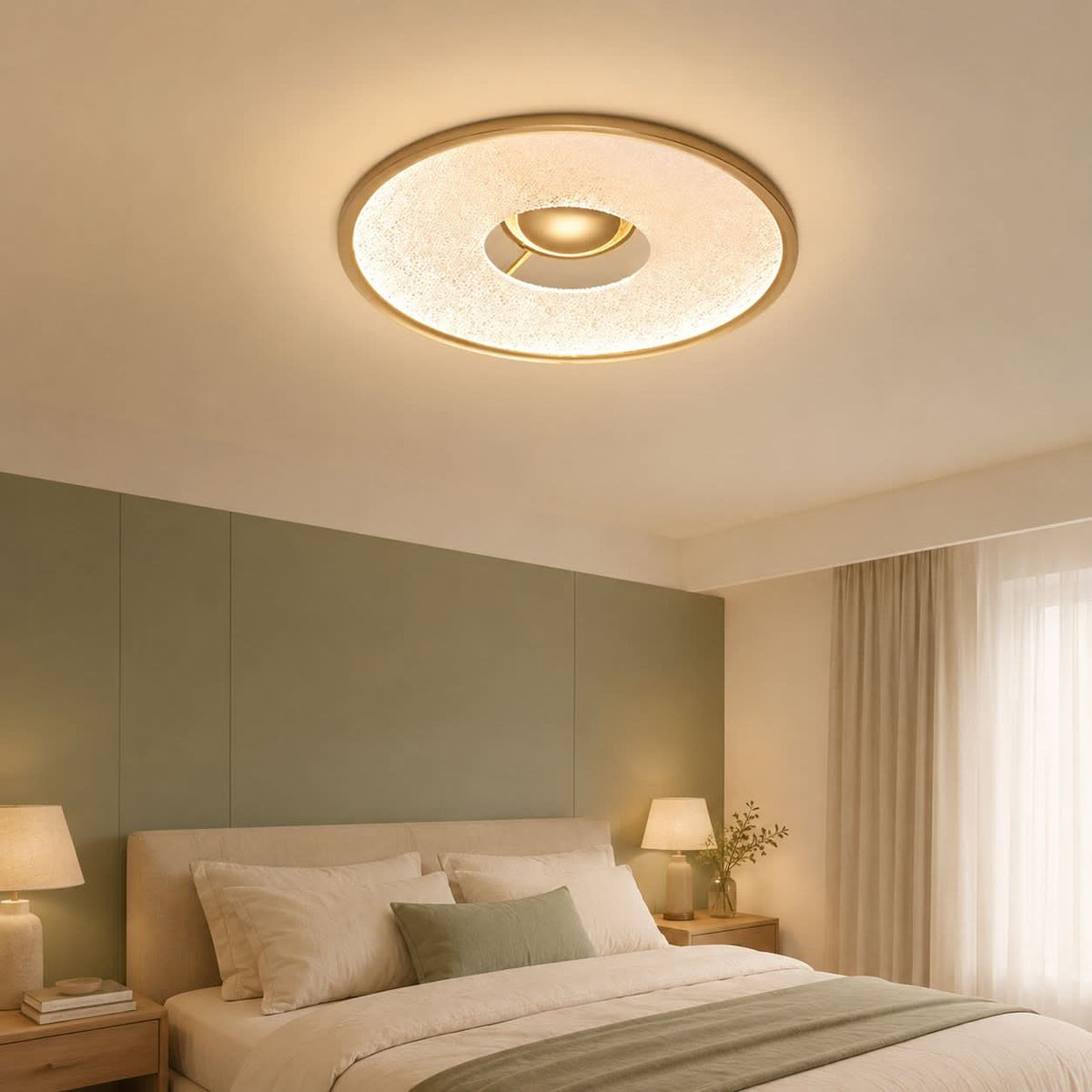 bark texture round LED ceiling light adding warm light to a bedroom