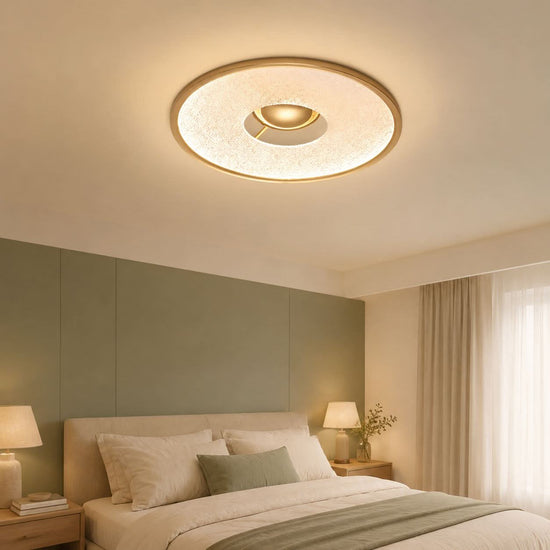 bark texture round LED ceiling light adding warm light to a bedroom
