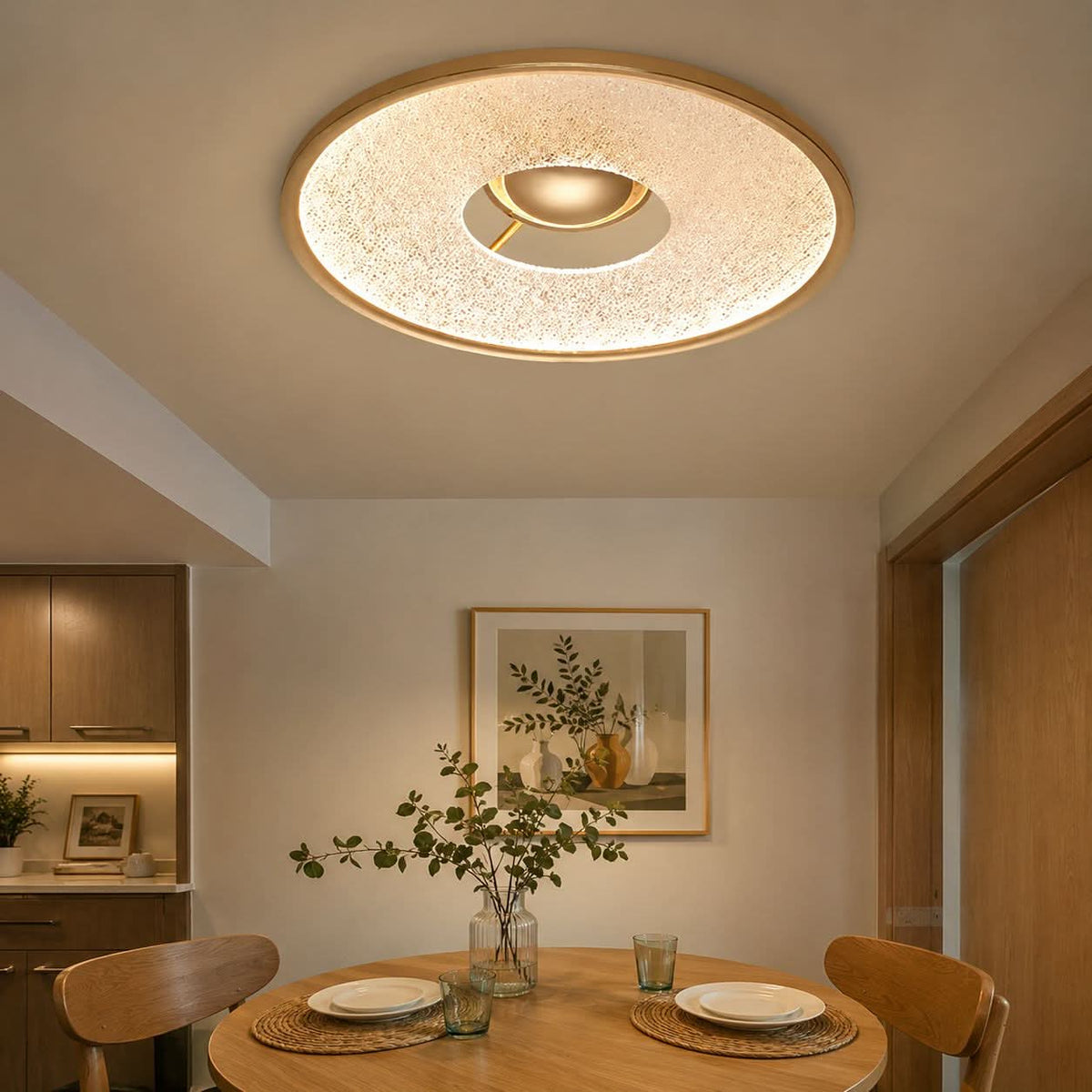 bark texture round LED ceiling light brightening a living room