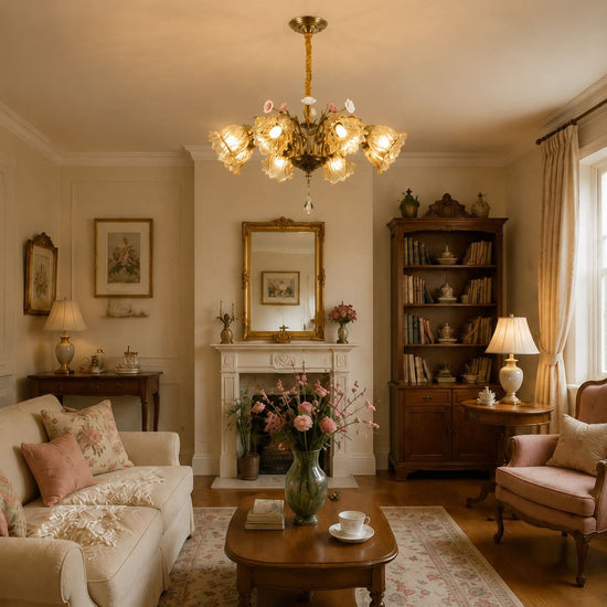 antique bronze chandelier with amber flower shades adding soft light to a bedroom