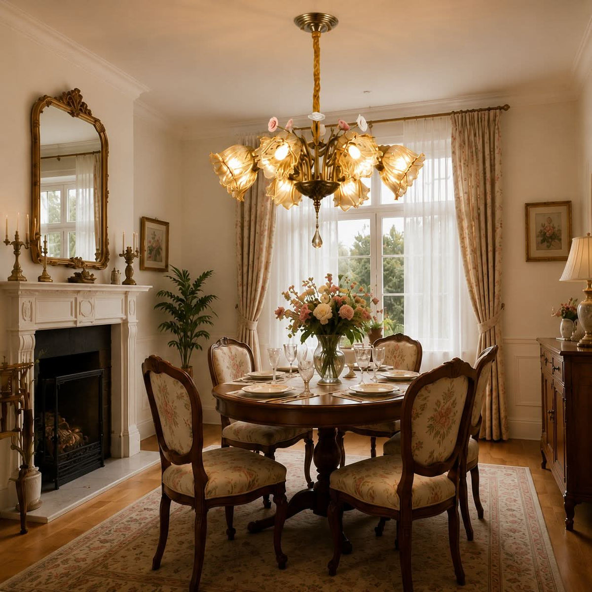 antique bronze chandelier with amber flower shades with canopy and shade details
