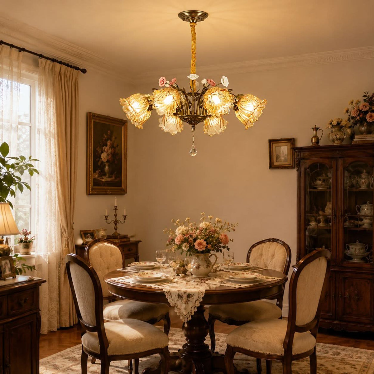 antique bronze chandelier with amber flower shades in an elegant lounge setting