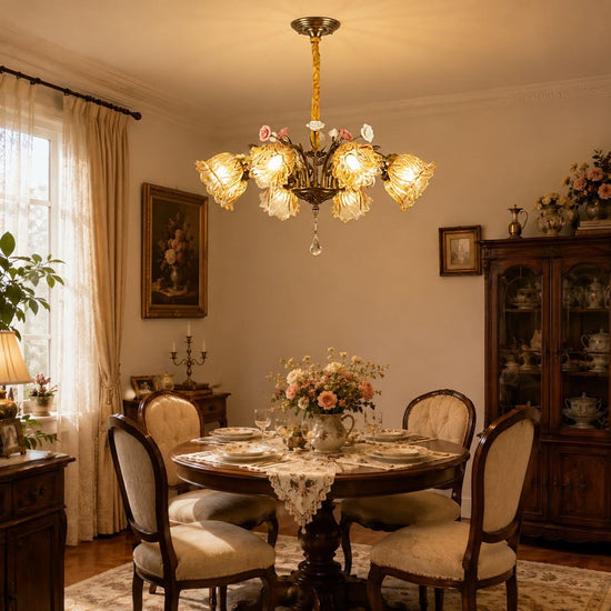 antique bronze chandelier with amber flower shades in an elegant lounge setting