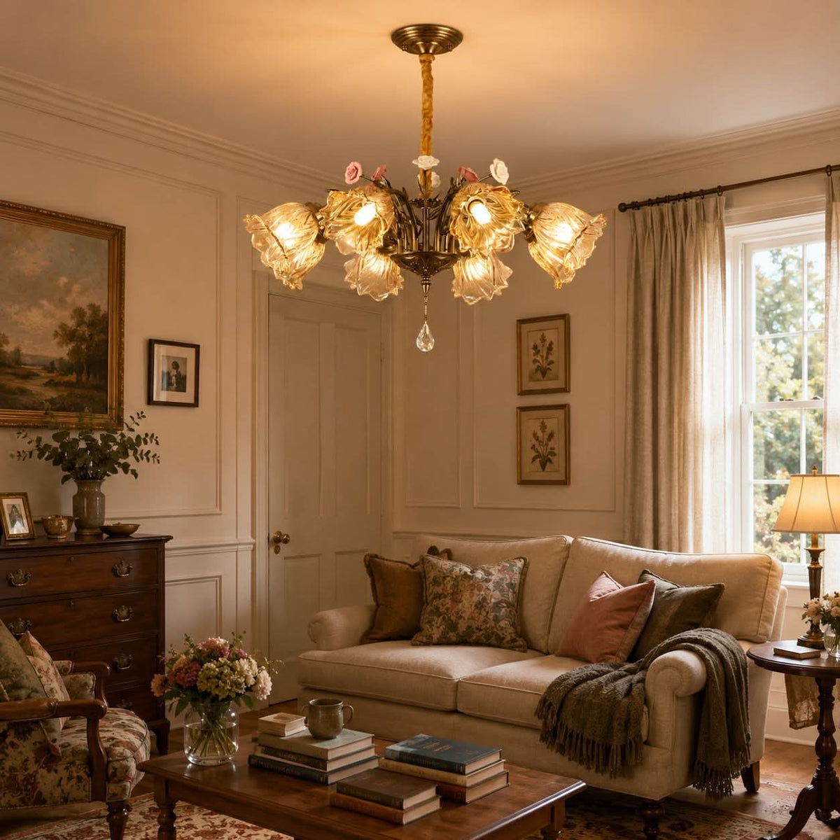 antique bronze chandelier with amber flower shades shown as a clean product view