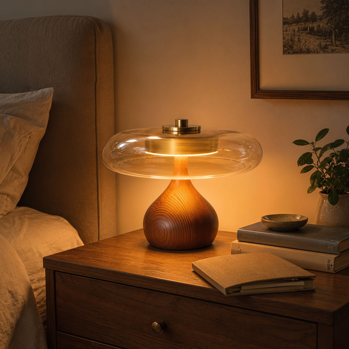 ash wood and glass table lamp adding warm light to a bedroom