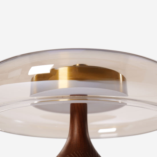 ash wood and glass table lamp styled on a small side table