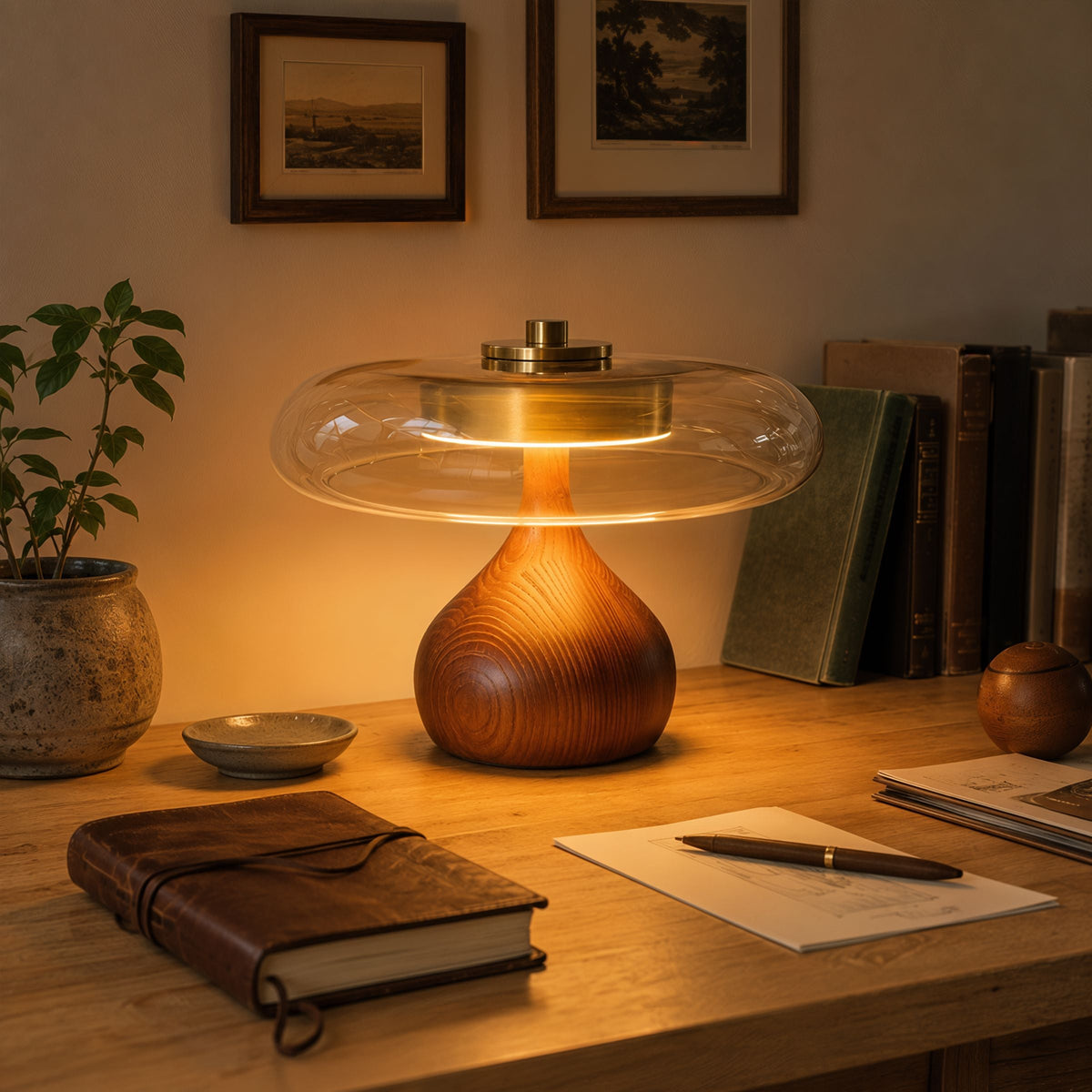 ash wood and glass table lamp shown as a clean product view