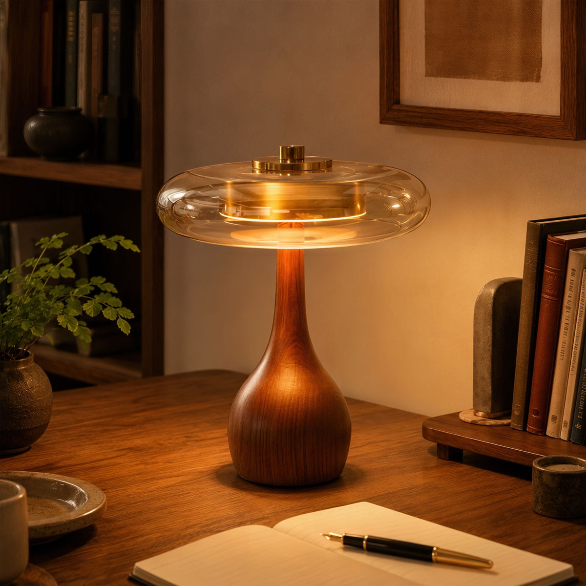 ash wood and glass table lamp glowing on a bedside table