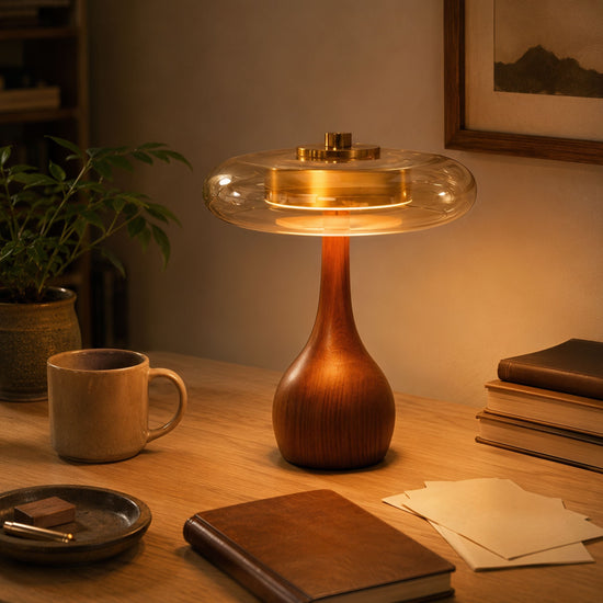 ash wood and glass table lamp adding warm light to a bedroom