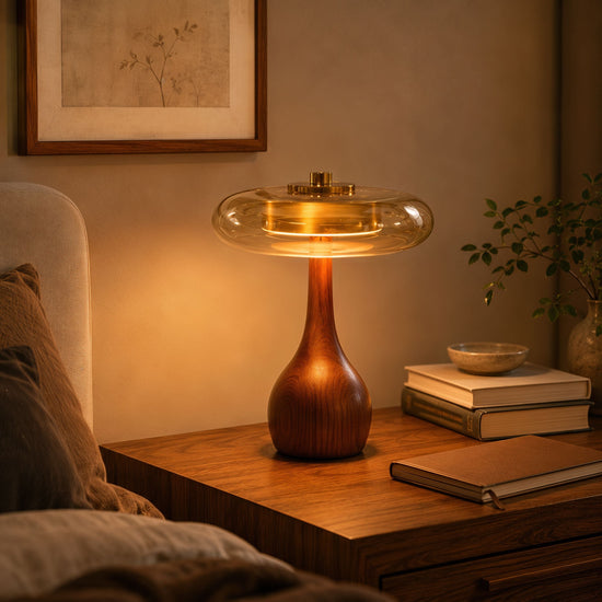 ash wood and glass table lamp shown as a clean product view