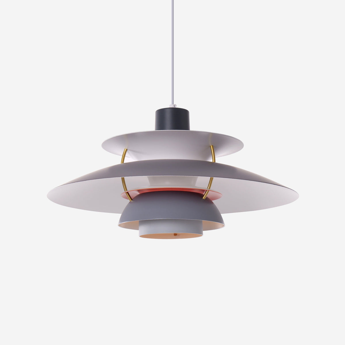 white layered minimalist pendant light over a kitchen island