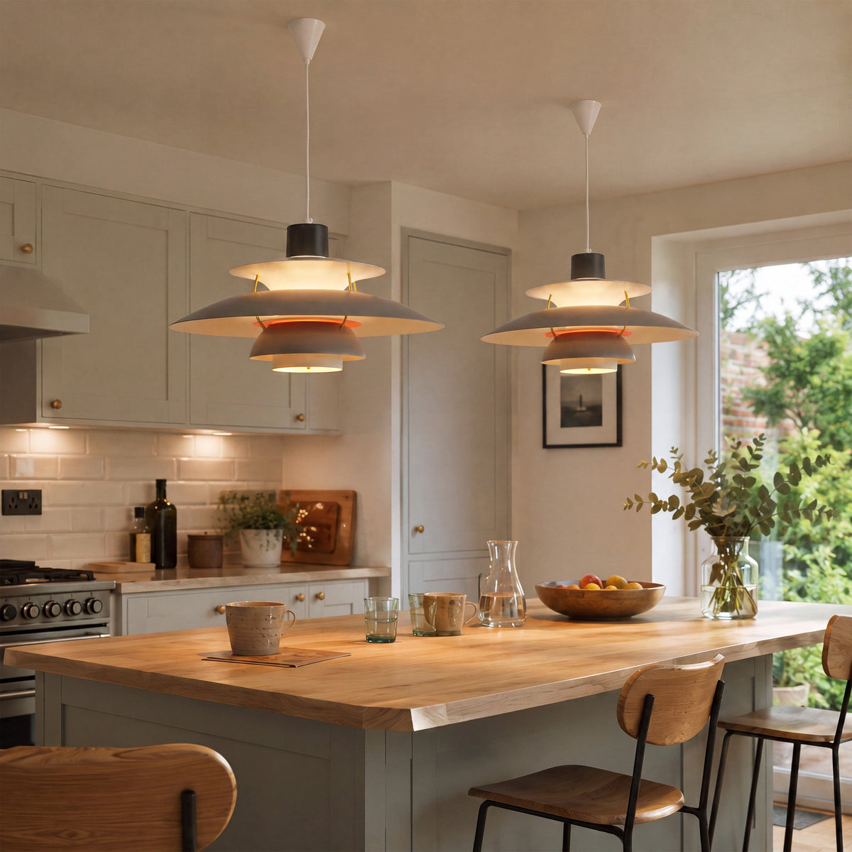 white layered minimalist pendant light shown as a clean product view