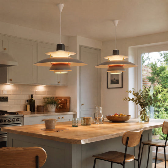 white layered minimalist pendant light shown as a clean product view