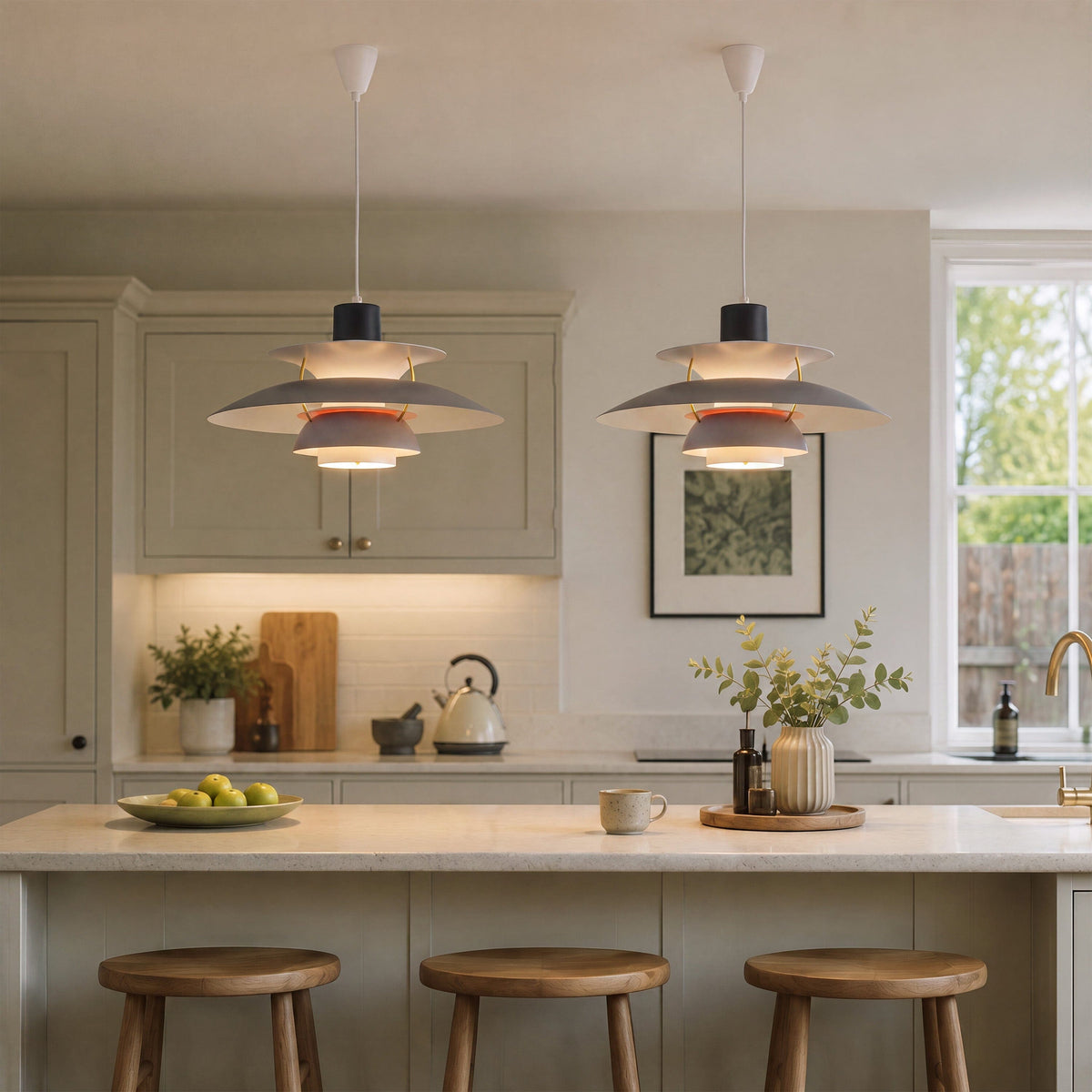 white layered minimalist pendant light in a warm living room