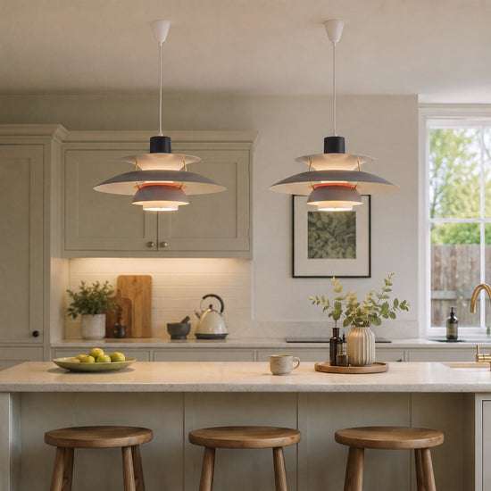 white layered minimalist pendant light in a warm living room