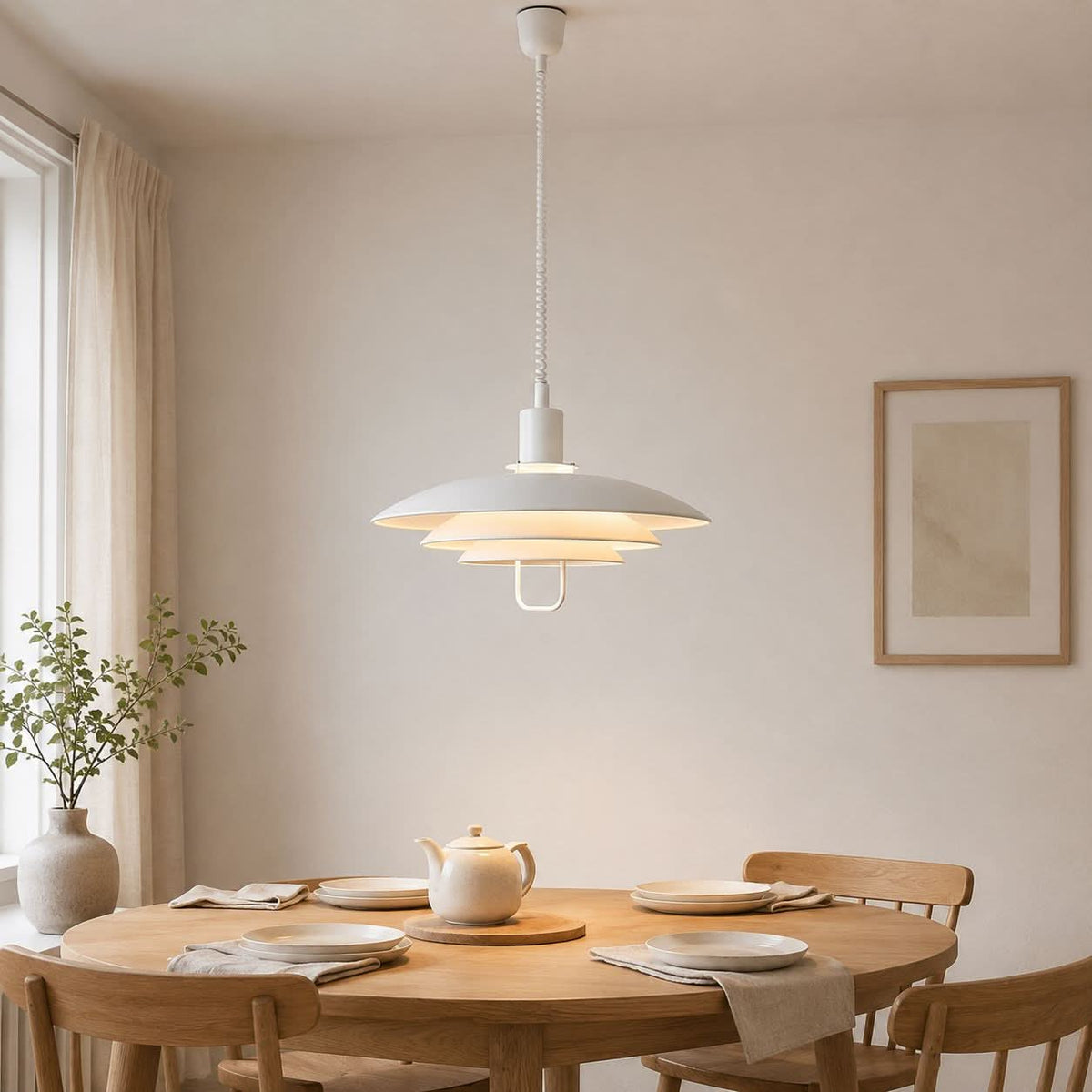 white layered minimalist pendant light in a warm living room