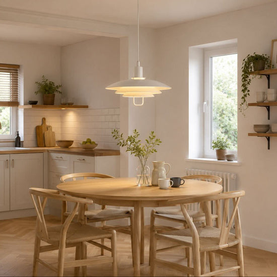 white layered minimalist pendant light shown as a clean product view