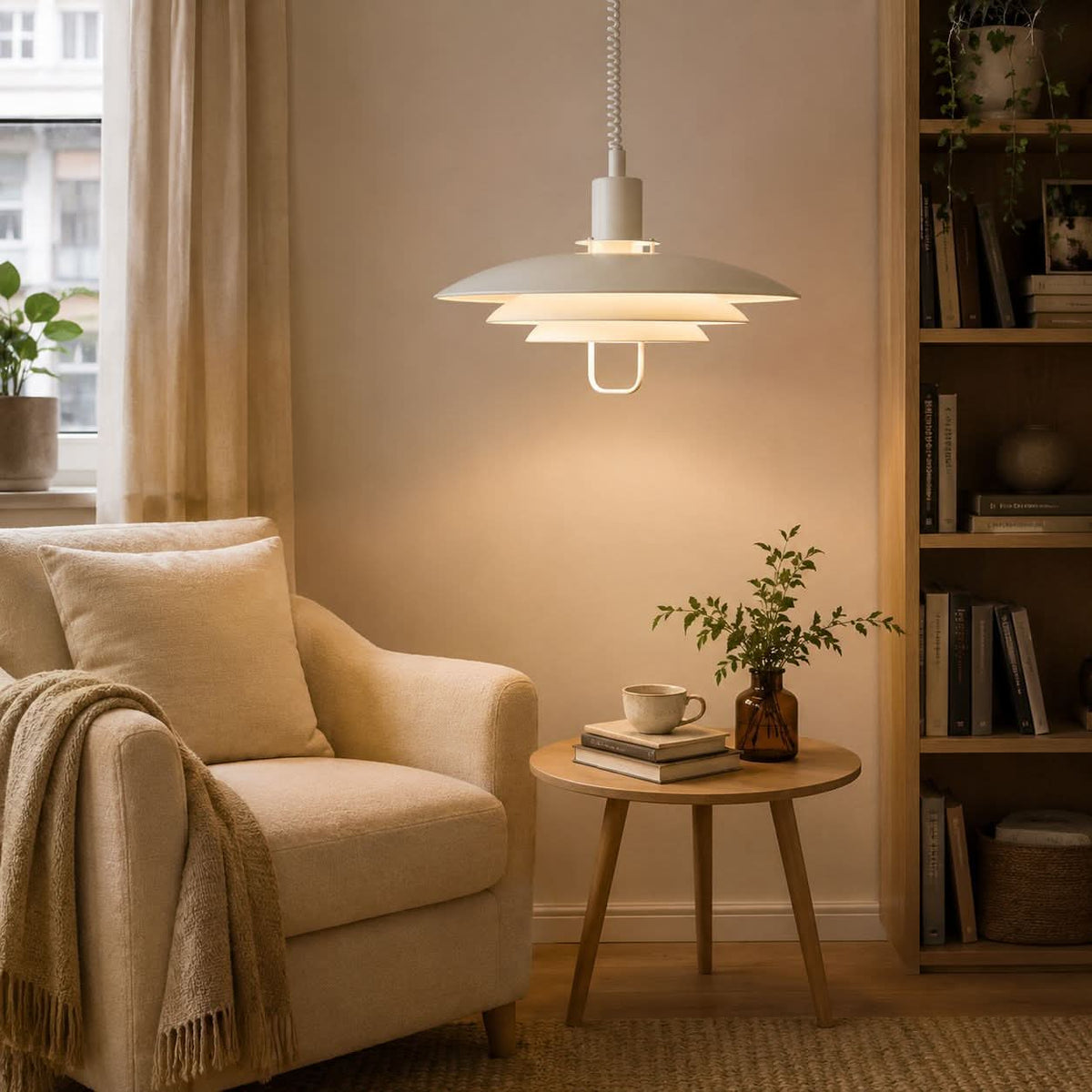 white layered minimalist pendant light with shade and canopy details