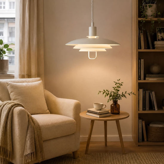 white layered minimalist pendant light with shade and canopy details