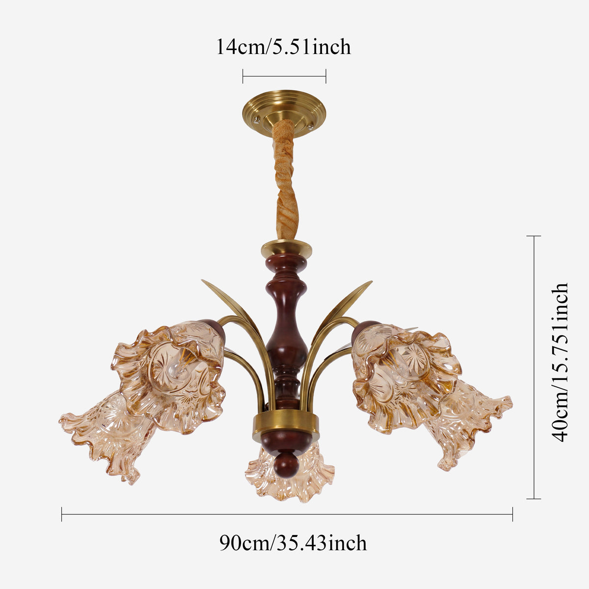 5-light copper chandelier with flower glass shades with close-up glass flower detail