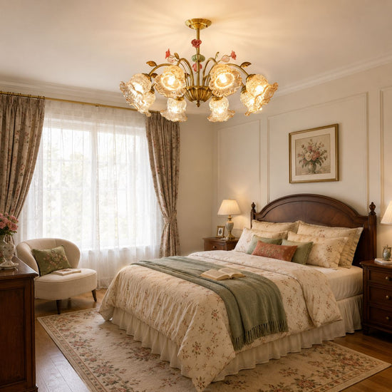 gold 8-light chandelier with pink floral glass shades with canopy and shade details