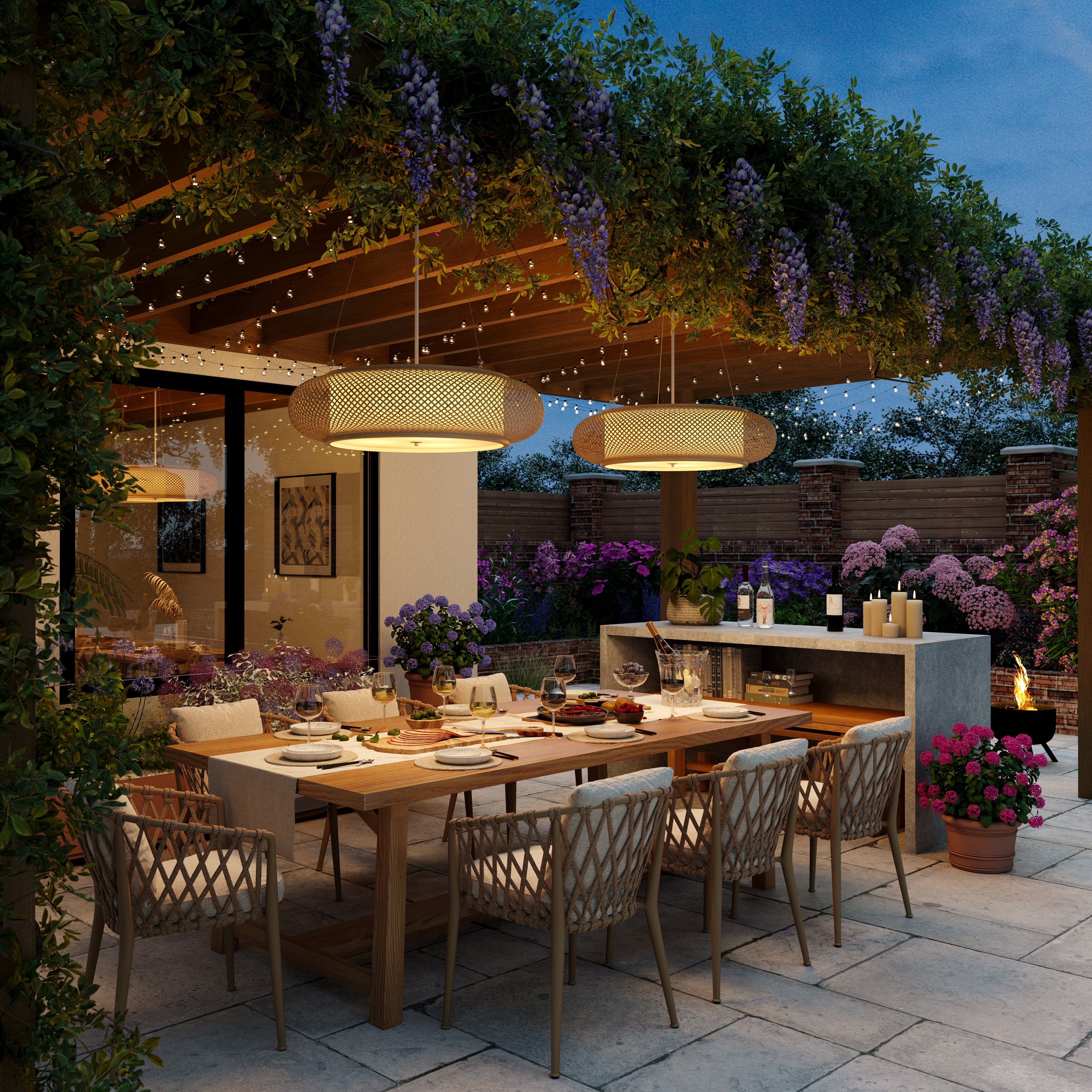 bamboo pendant lights in a garden patio dining scene