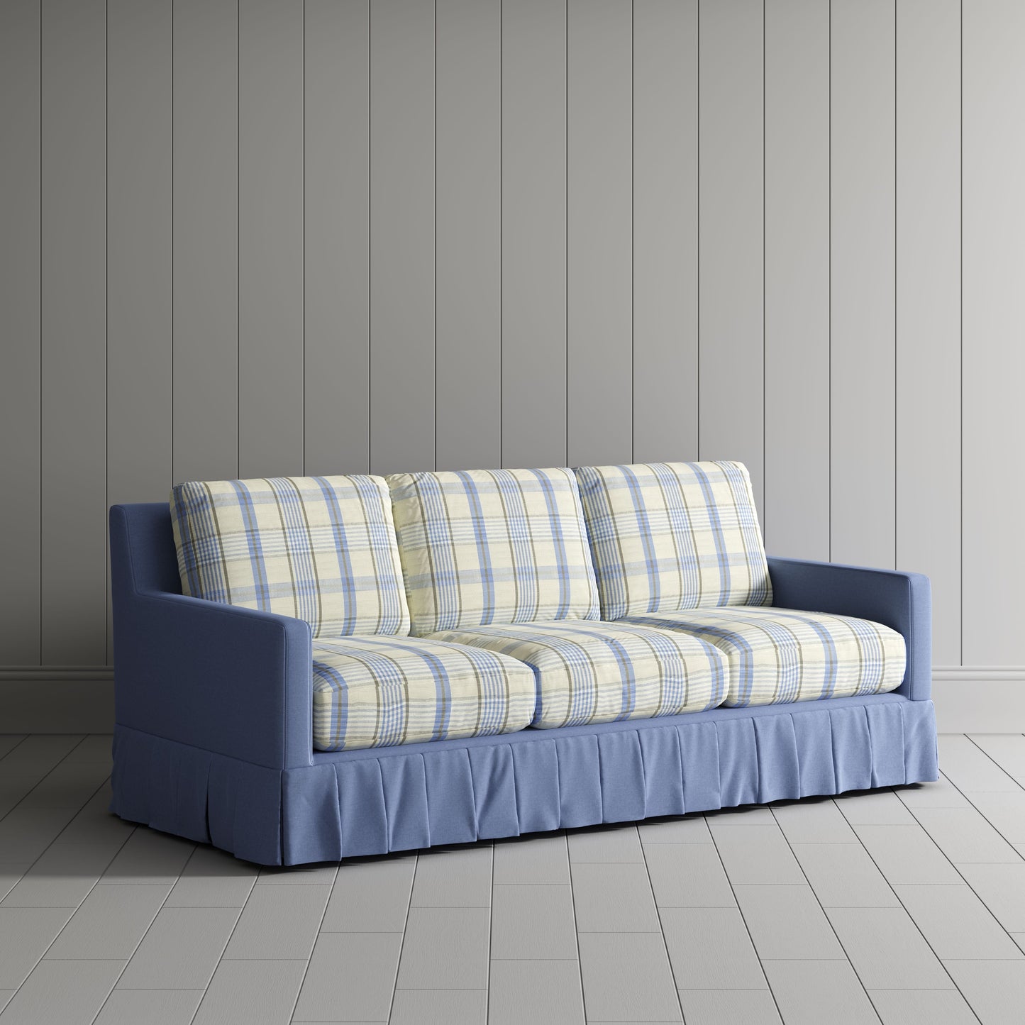LivingNest Country Check Sofa with Removable Skirted Covers LivingNest Navy Check Cotton Linen