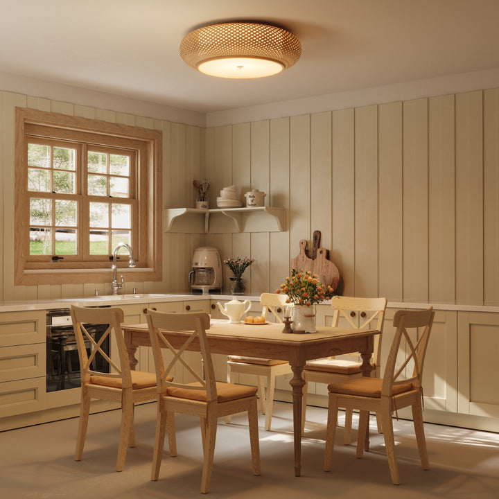 bamboo ceiling light above a wooden dining table