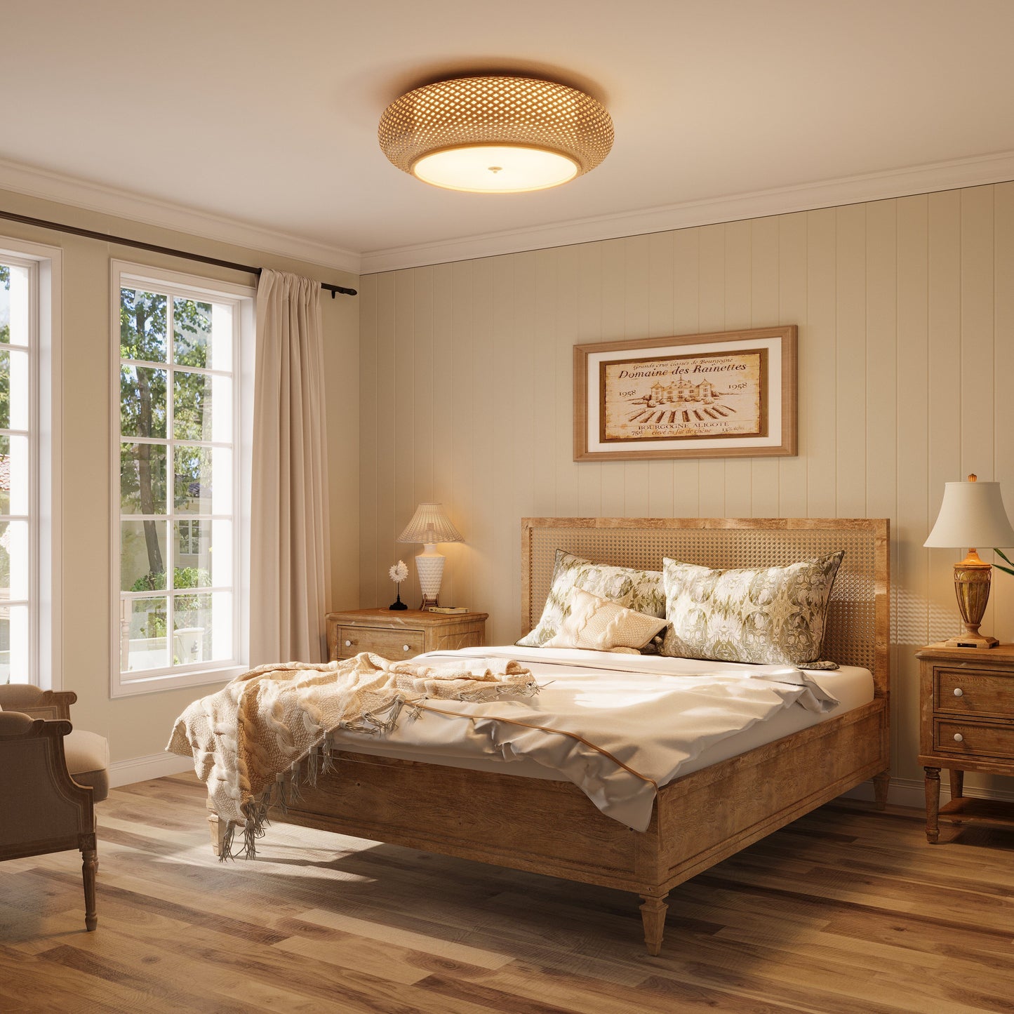 bamboo ceiling light in a warm bedroom