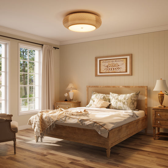 bamboo ceiling light in a warm bedroom