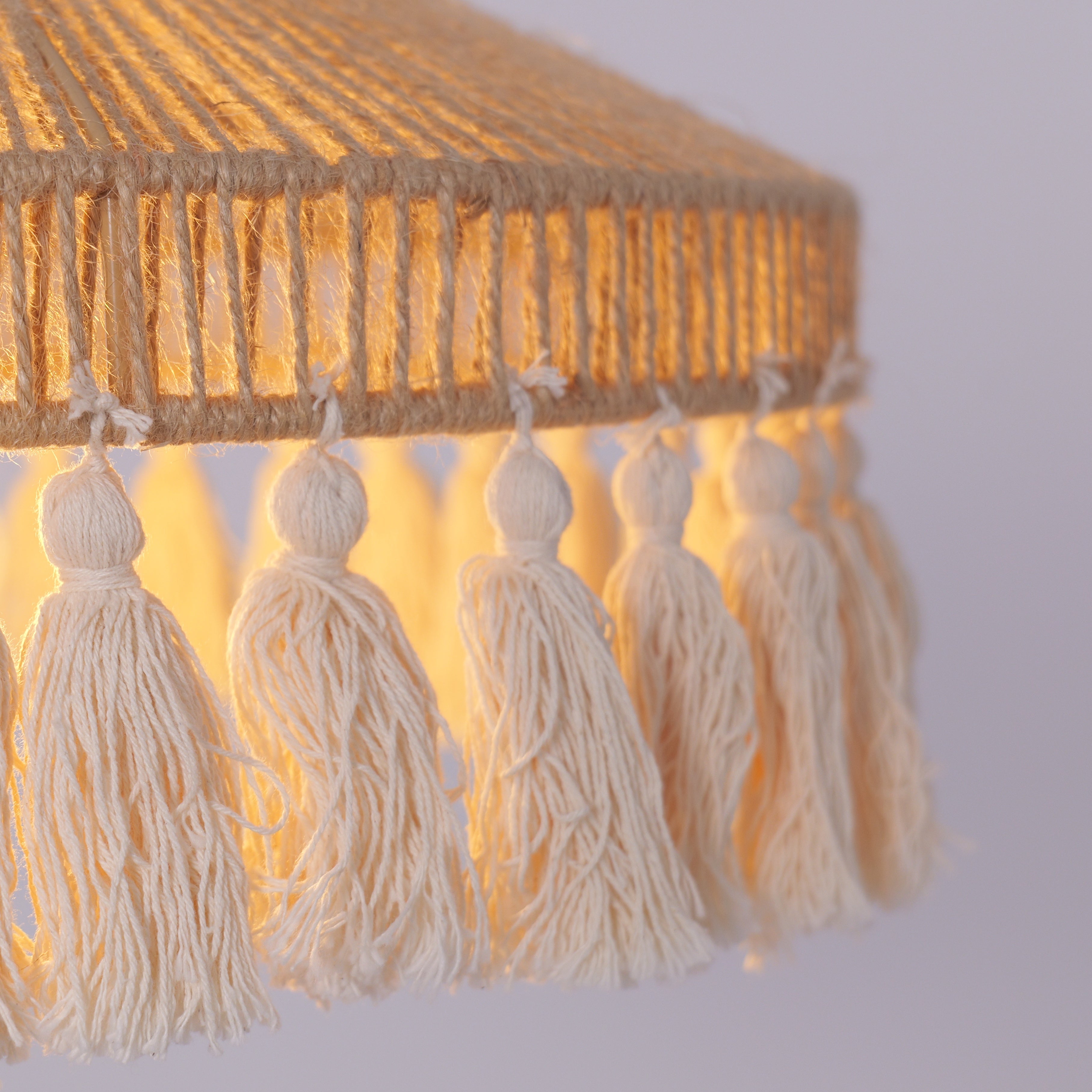 Boho Woven Pendant Light with Tassels, Handcrafted Hemp Rope Hanging Ceiling Light for Dining Room & Living Room