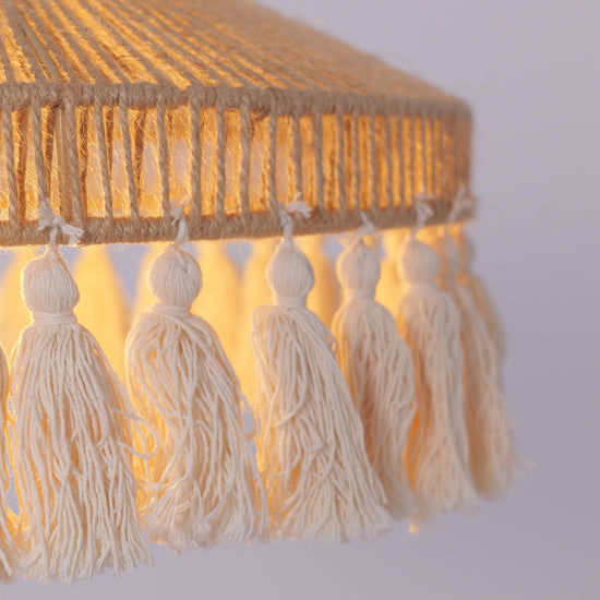 Boho Woven Pendant Light with Tassels, Handcrafted Hemp Rope Hanging Ceiling Light for Dining Room & Living Room