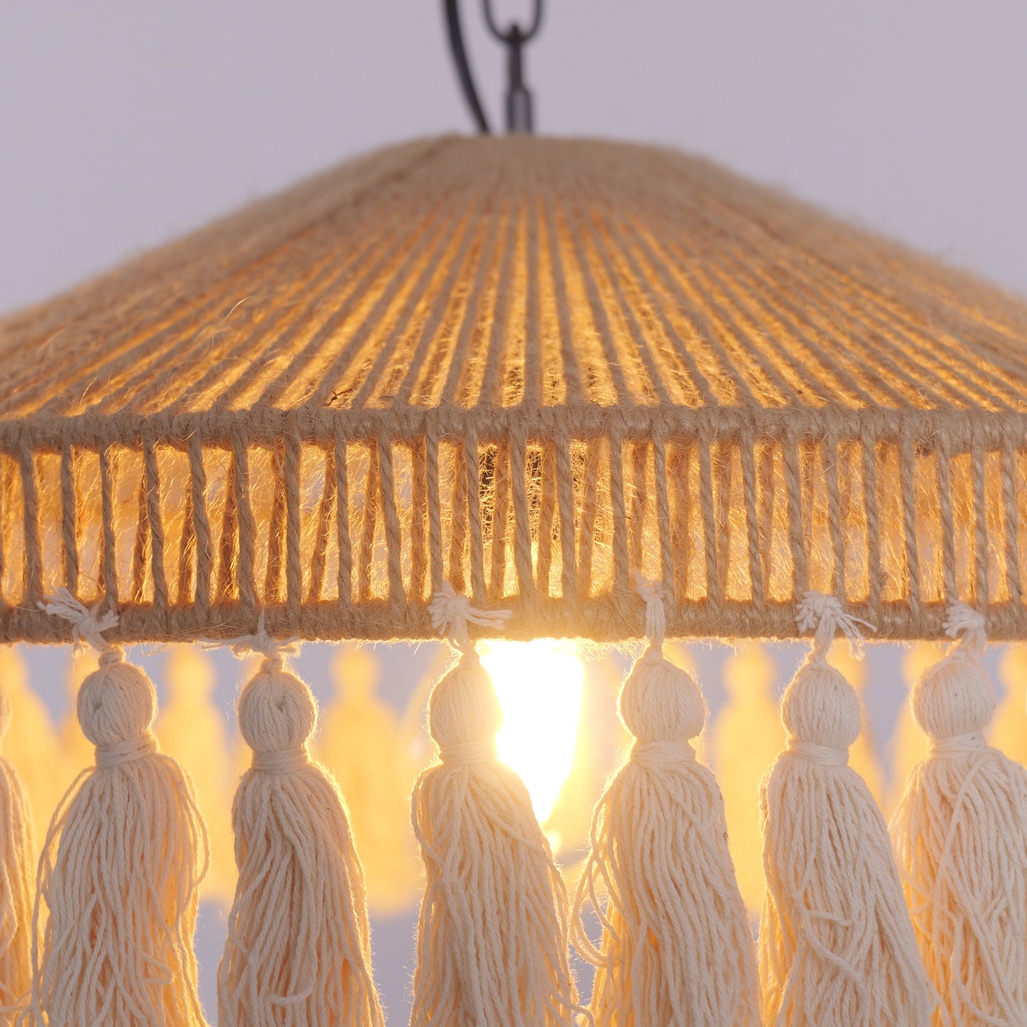 Boho Woven Pendant Light with Tassels, Handcrafted Hemp Rope Hanging Ceiling Light for Dining Room & Living Room