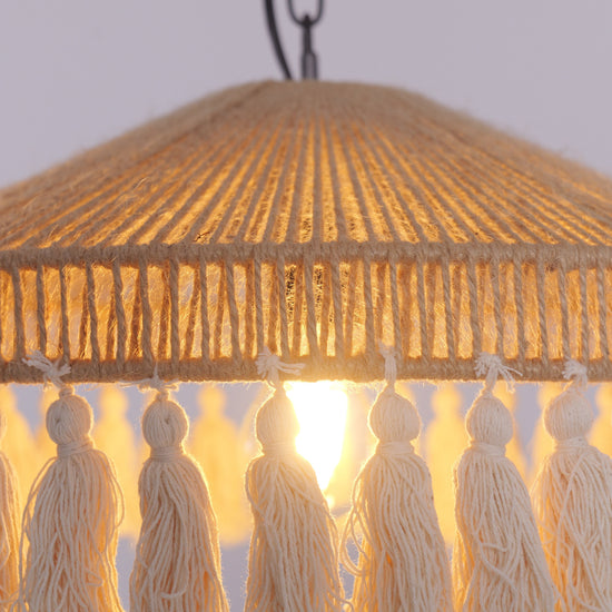 Boho Woven Pendant Light with Tassels, Handcrafted Hemp Rope Hanging Ceiling Light for Dining Room & Living Room